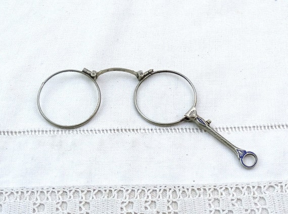 Antique French Victorian Folding Chatelaine Folding Magnifying Reading Glasses Silver Tone Metal Blue Enameled Handle, Vintage Spectacles