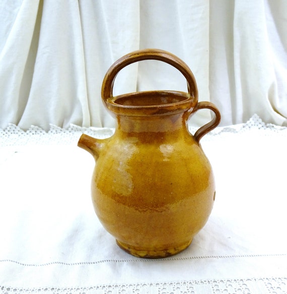 Antique French Ceramic Water Pitcher with Top Handle, Vintage Rural Country Pottery Jug from France, Farmhouse Brocante Kitchen Decor