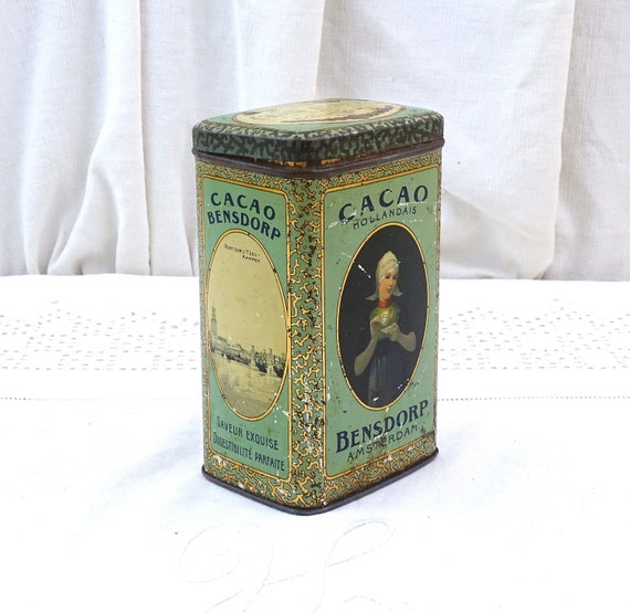 Antique French Cacao Pur Hollandais Bensdorp Lithographed Metal Tin, Collectible Toleware Chocolate Powder Box from Holland Pale Blue Gold