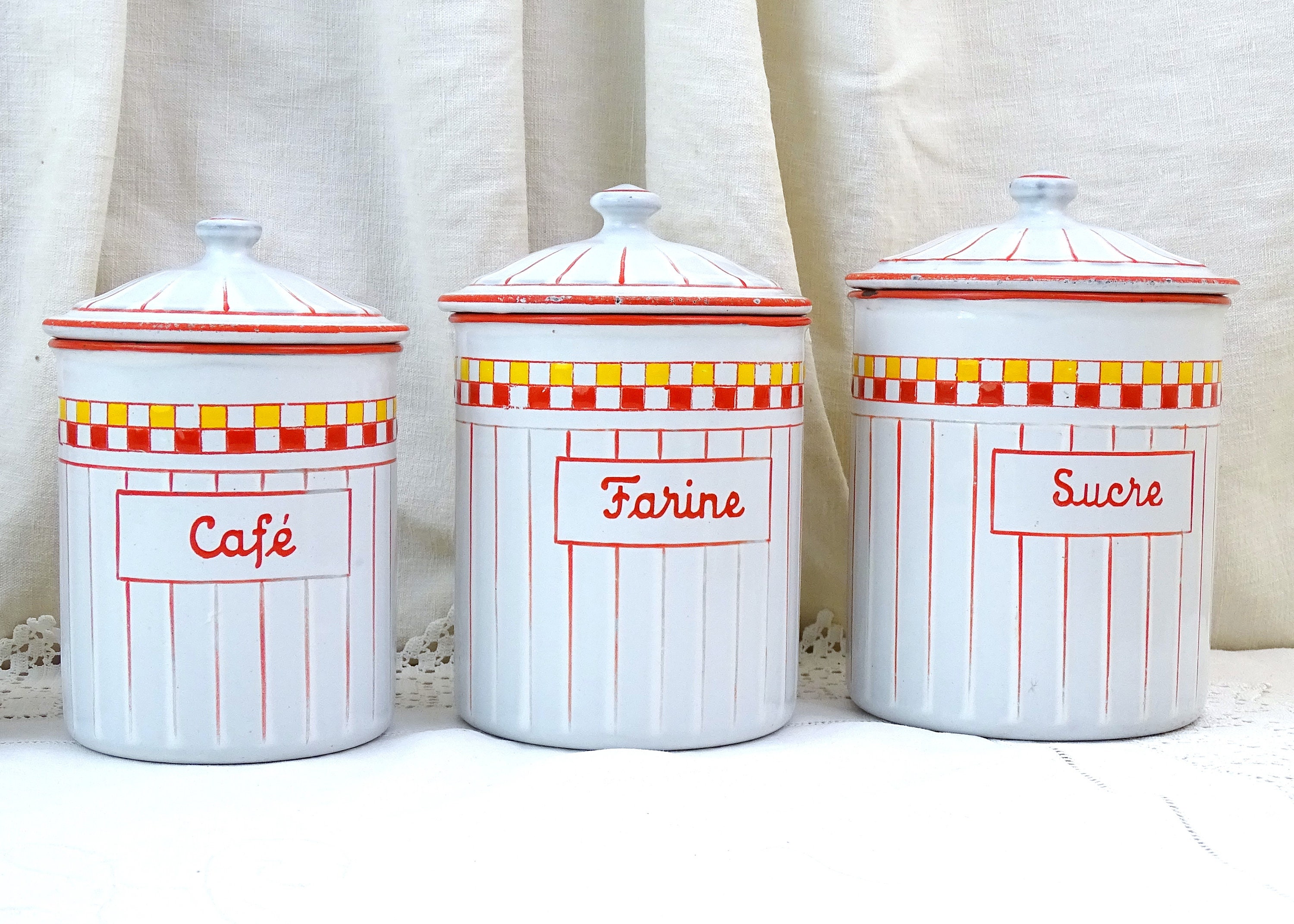Antique French 6 Piece Enamel Canister Set in White with Red and Yellow