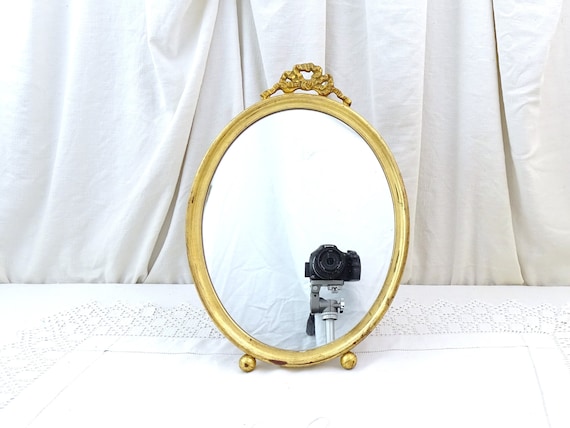 Large Vintage French Oval Wooden Gold Gilded Ornate Free Standing Vanity Mirror, Vintage Baroque Rococo Decorative Gilt Looking Glass France