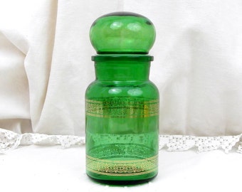 Tarro de cristal verde belga vintage, decorativo, de estilo boticario, para guardar objetos de cocina. Decoración de cocina de Bélgica, bote retro de los años 70 con motivos dorados.