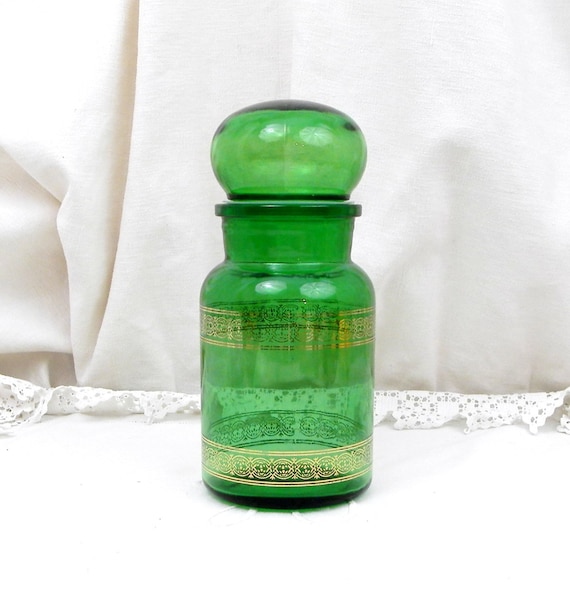 Vintage Belgian  Green Glass Apothecary Decorative Storage Jar, Kitchen Decor from Belgium, 1970s Retro Canister with Gold Motif Kitchenalia