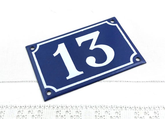 Vintage French Porcelain Enameled Metal House Sign in Blue and White Number 13, Enamelware Street Home from France, Traditional Address Sign