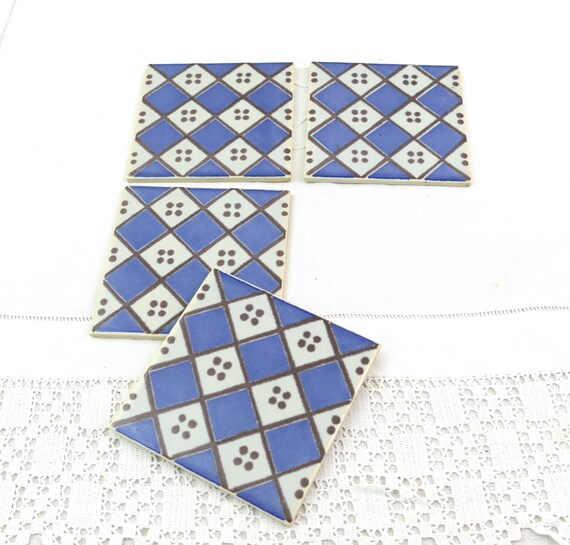 Set of 4 Vintage Unused French Desvres Reproduction Square Wall Tiles in White Blue Pattern, Retro New Old Stock Splash Back, Chateau Chic