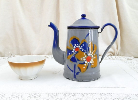Antique French Painted Flower Pattern Blue Porcelain Enamel Goose Neck Coffee Pot, Enamelware Cafetiere from France, Country Kitchen Decor