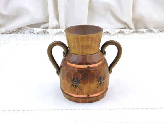 French Vintage 1940s Faceted Wooden Vase with Metal Lining, Retro Flower Arranging Accessory from France, Floral Arrangement Item