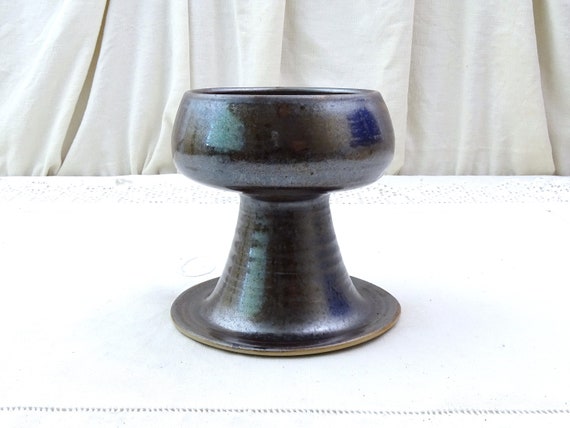 Vintage French Mid Century Modern Stoneware Brutalist Studio Pottery Turned Footed Candle Holder in Dark Irradissante Glaze, Retro MCM China