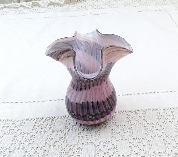 Vintage Mtarfa Maltese Studio Glass Cased Pastel Pink and Black Streaked Vase Signed, Retro Handmade Studio Glassware from Valleta Malta