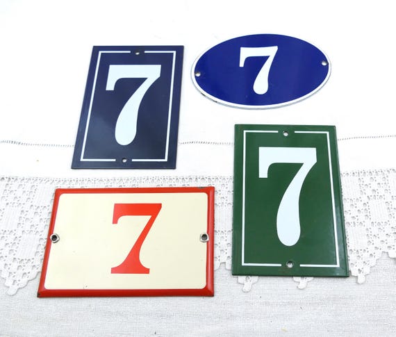 Vintage French Unused Enamelware Metal House Number 7 Red and Beige or Blue and White or Green and White, Traditional Address Sign France