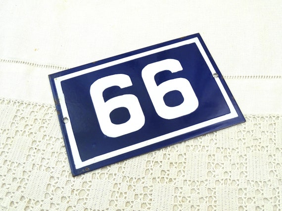 Vintage Traditional French Blue and White Metal House Number Plaque 66  99, Vintage Retro Porcelain Street Enameled Address Sign from France