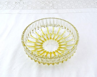 Vintage Mid Century Modern West German Walther Glas Large Round Crystal Serving Dish in Clear and Yellow, Retro 1950s Glass Bowl from Europe