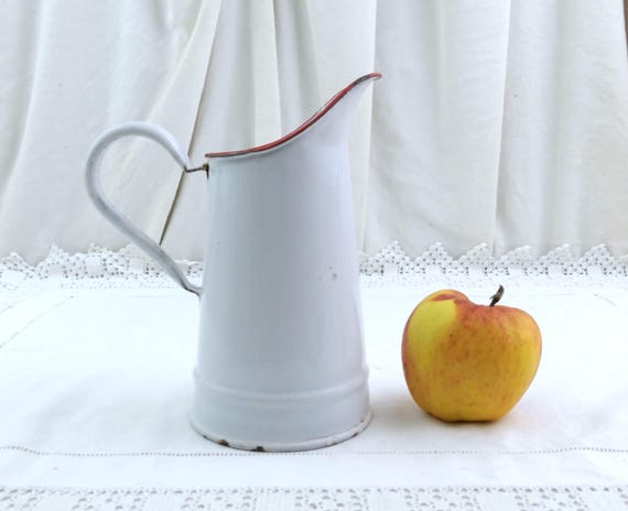 Small Vintage French White Enamelware Metal Pitcher, Retro Enamel Jug White and Red Shabby Chateau Chic Farmhouse Cottagecore Kitchen Decor