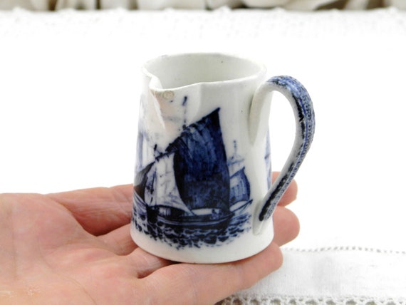 Small Antique Delftware Side Handled China Jug, Retro Blue and White Delft Collectible Pottery Crockery, Dolls House Accessory from France