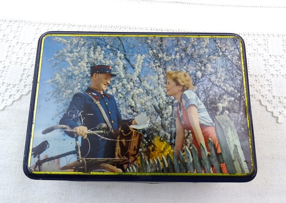 Vintage French 1950s Lithographed Metal Box with Image of a Postman and Young Girl, Retro Sugar Cube Tin from France with Postal Worker