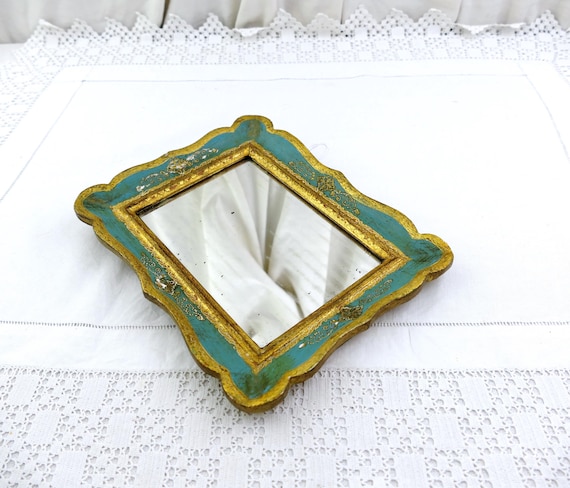 Vintage Italian Florentine Pale Blue and Gold and Painted Wooden and Gesso Distressed Wall Mirror, Venetian Golden Colored Looking Glass