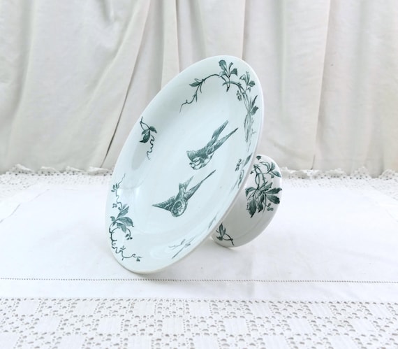 Antique Gien Evian Terre de Fer Compotier Pedestal Compote Bowl Green Bird Transferware French Faience Fruit Cake Stand