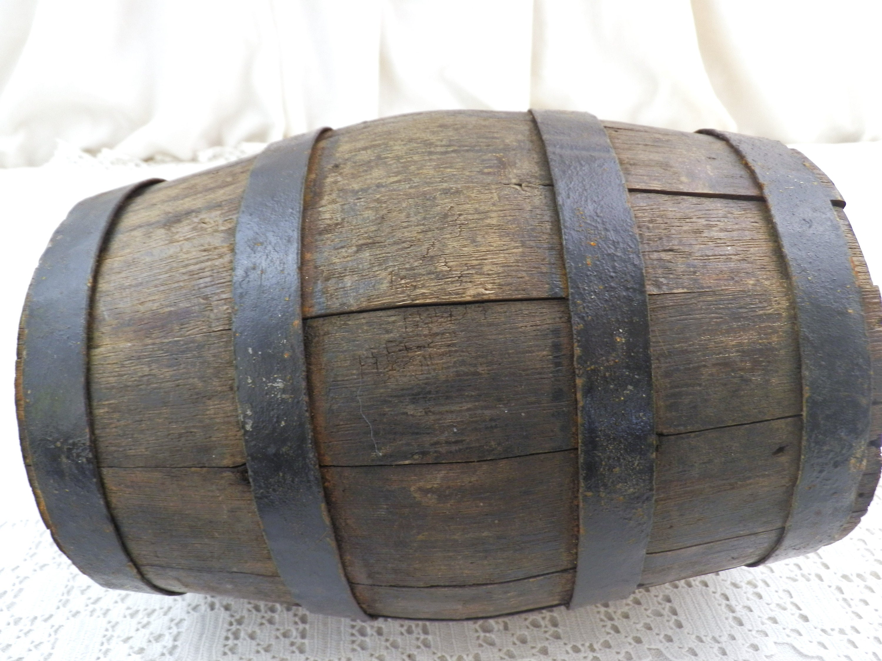 Small French Antique Wooden Wine Barrel with Carrying Handle, Vintage Calvados Oak Keg from