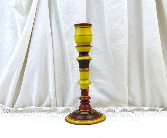 Antique French Turned Wooden Painted Candle Holder in Yellow and Marron, Vintage Candlestick made of Wood, Country Cottage Brocante Decor
