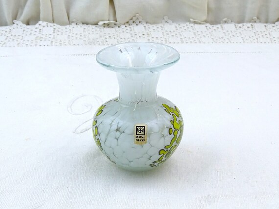 Vintage 1970s Michael Harris Mdina Signed Art Glass White and Yellow Mottled  Bud Vase, Malta Studio Glass Ornament, Collectible Glassware