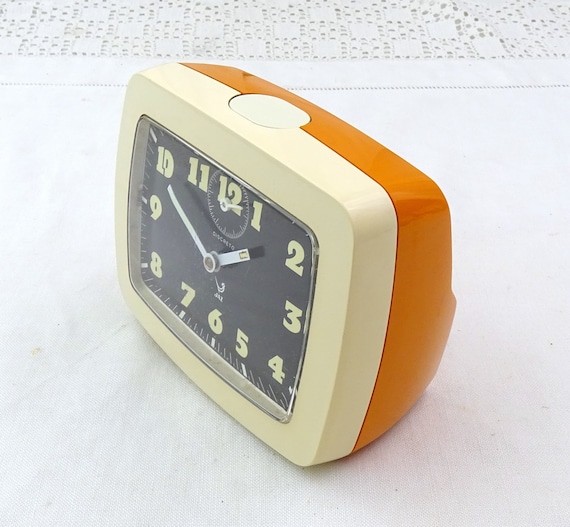 Vintage Mid Century 1960s Working Rectangular Orange Jaz Mechanical Alarm Clock Made in Japan, Retro 60s / 70s Bedside Wind Up Timepiece