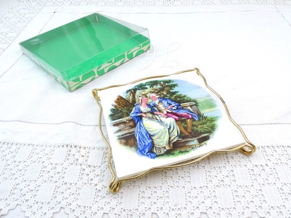 Vintage French Villeroy and Boch Square Kitchen Trivet Tile with 18th Century Couple and Metal Frame, Retro 1960s Heat Mat / Plant Stand