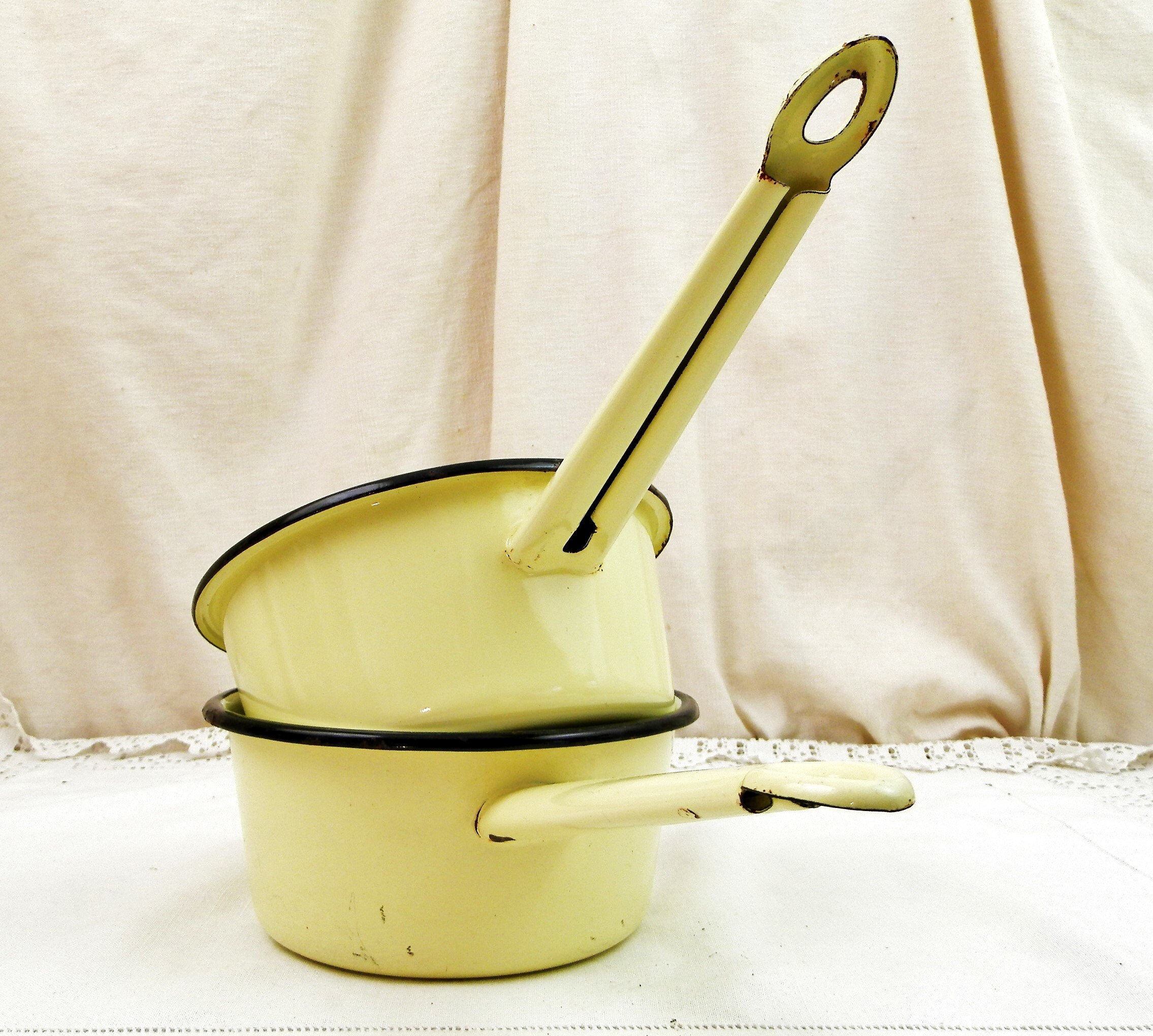 2 Vintage French 1950s Identical Yellow Enameled Cooking Pans