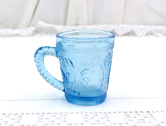 Antique Victorian Blue Pressed Glass Mug with Embossed Leaf Pattern, Molded Glassware Cup, Collectible Farmhouse Kitchen Tableware