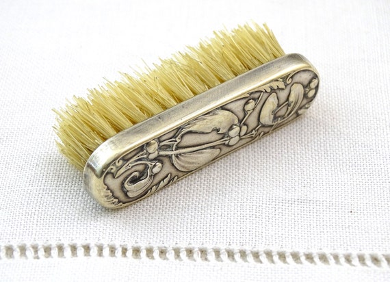 French Antique Art Deco Hallmarked Silver Mustache Brush with Mistletoe Embossed Pattern, Vintage Beard Grooming Accessory from France