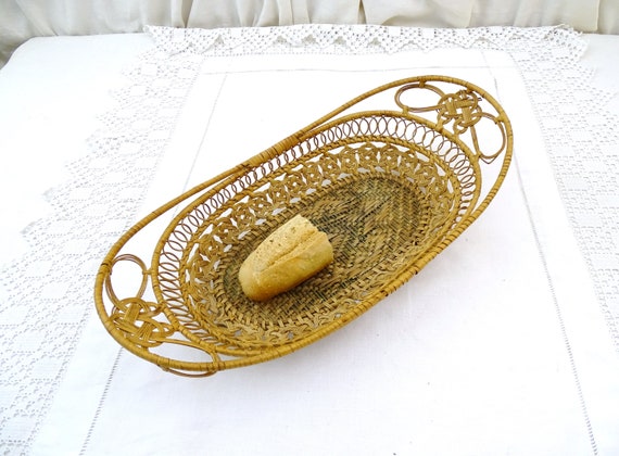 French Antique  Delicate Woven Baguette Bread Basket, Retro 1920s  Tableware from France, Vintage Boho Tiki Tray, Country Brocante Storage