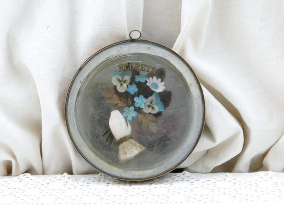 Antique French Round Mourning Shadow Box with Hand and Blue Flowers, Retro 3D Wall Hanging Funeral Picture, Souvenir and Regrets from France