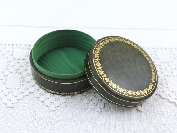 Antique French Round Dark Green Tooled Leather Trinket Box Decorated with Gold Pattern, Retro Little Jewelry Box Container from France