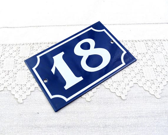 Vintage French Porcelain Enameled Metal House Sign in Blue and White Number 18, Enamelware Street Home from France, Traditional Address Sign