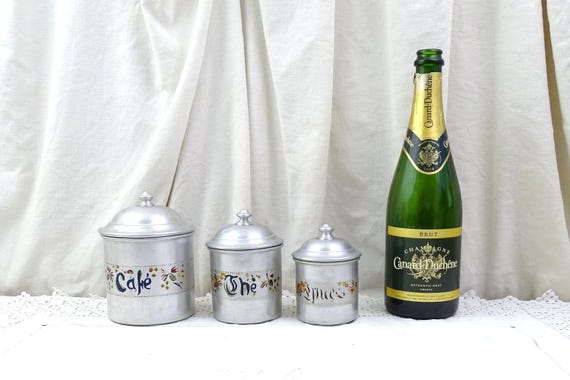 Antique French 3 Piece Canister Set White Silver Metal with Handpainted Labels and Pointed Lids, Retro Old World Kitchen Decor from France