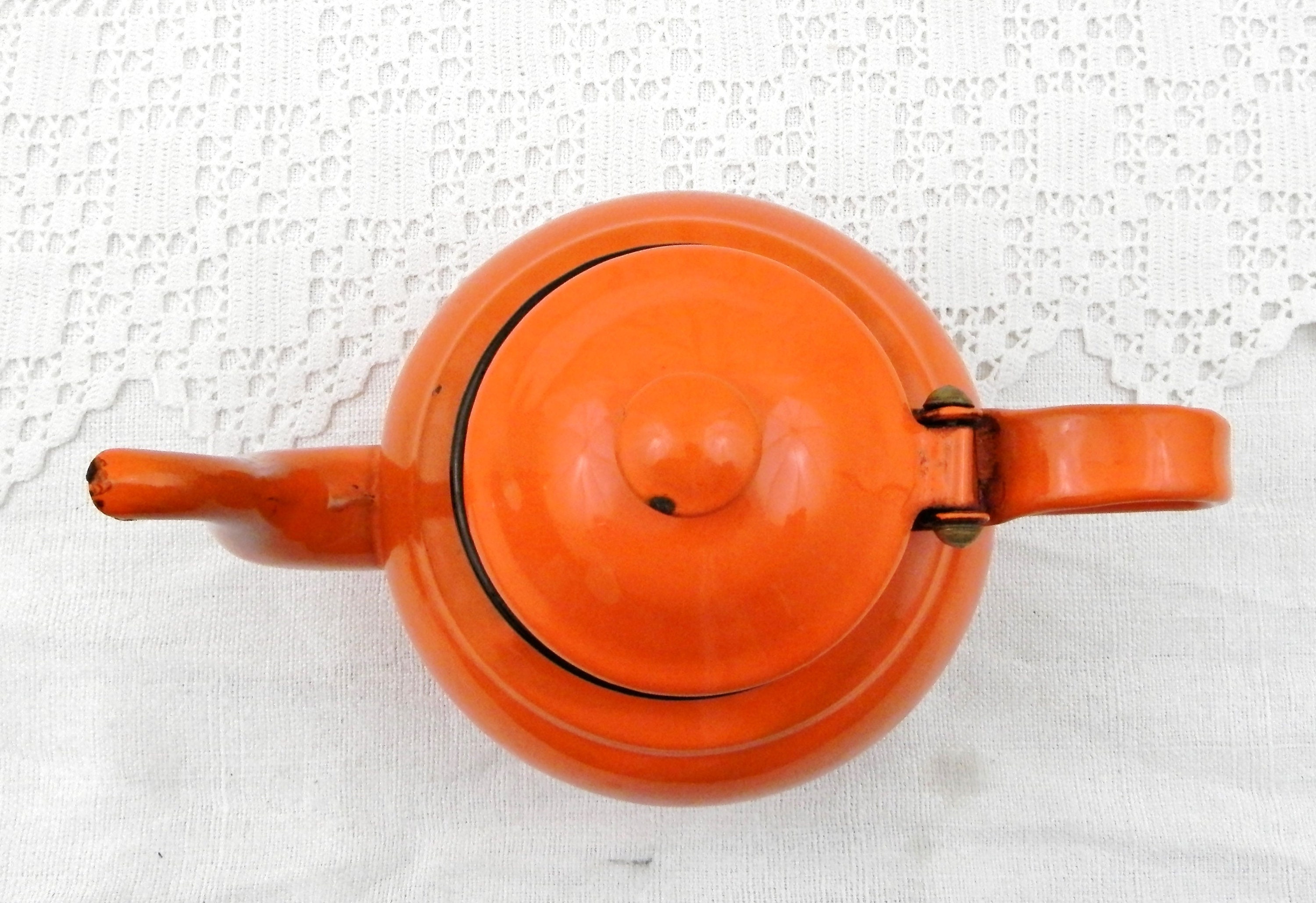 Small 1960s Vintage Bright Orange Enamel Tea Pot with Goose Neck Spout