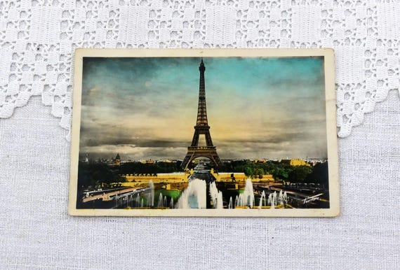 French Unused Colored  Black and White Postcard of the Eiffel Tower, Vintage Photograph Parisian Monument, Vacation Holiday Souvenir France