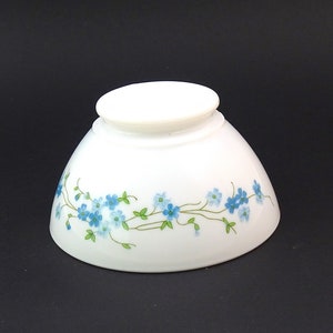Può includere: Scodella in ceramica bianca con un motivo floreale blu e verde. La ciotola ha un bordo leggermente svasato e una base arrotondata.