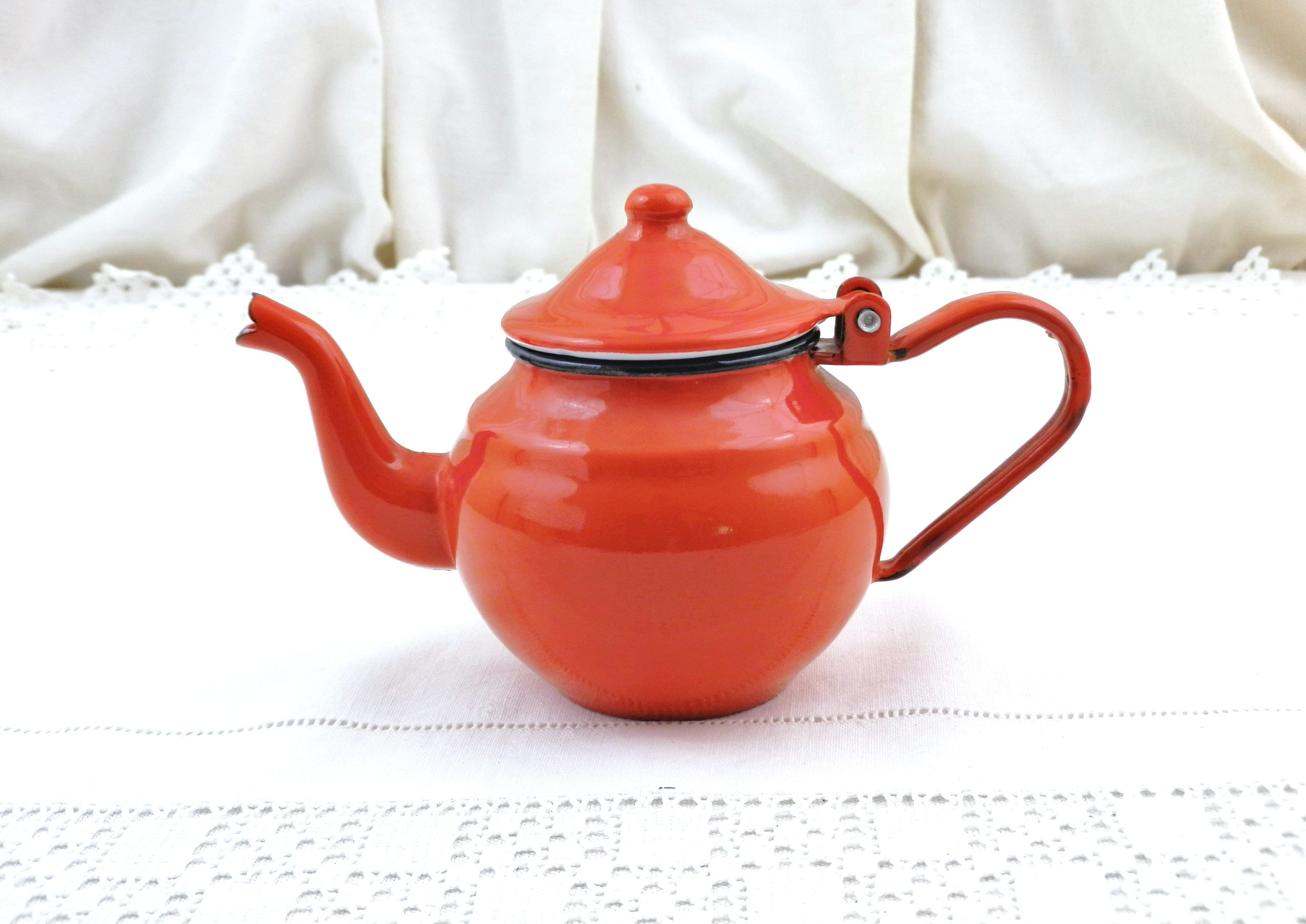 Small Vintage Unused Red Enamel Tea Pot with Goose Neck Spout, French