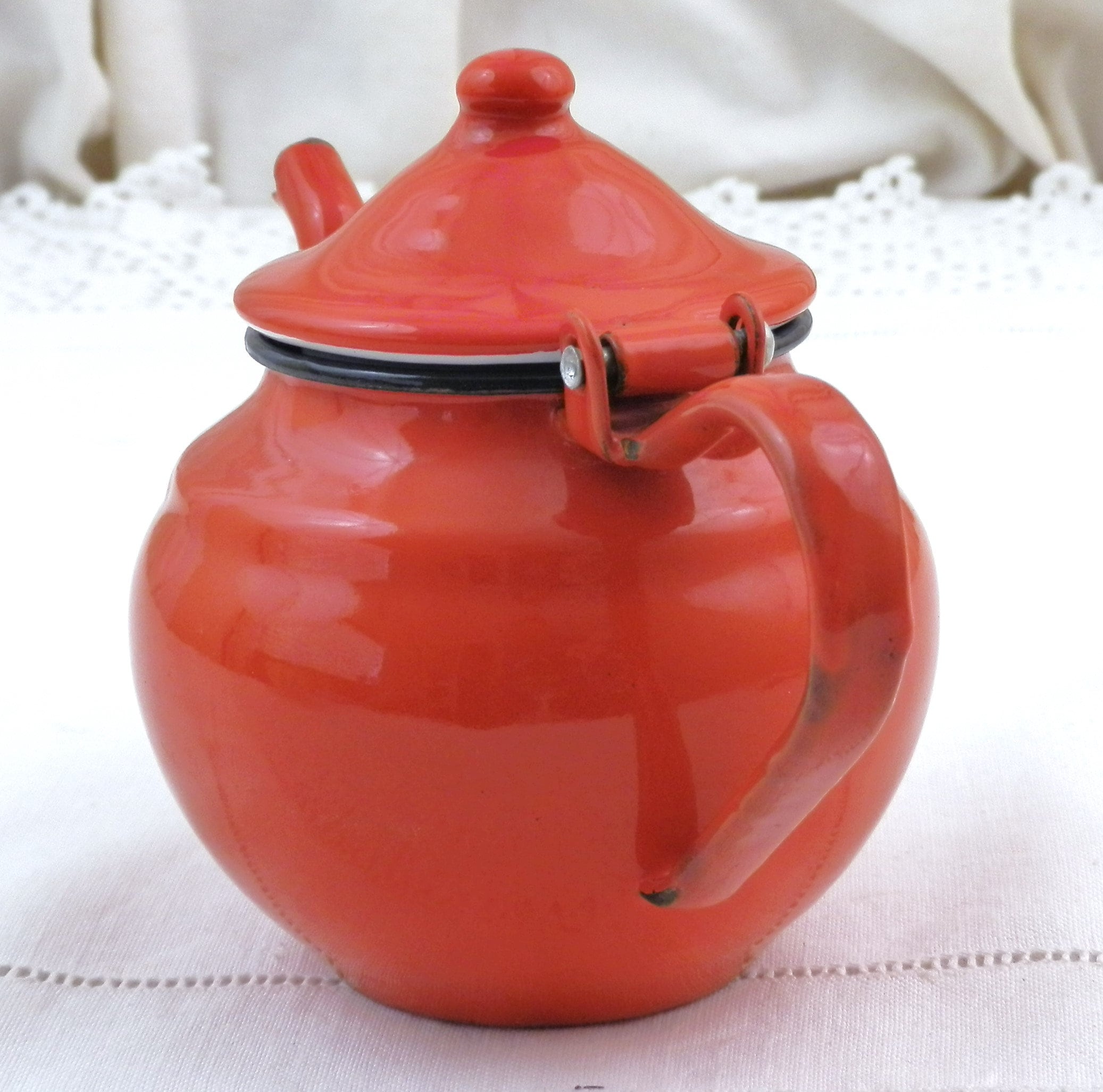 Small Vintage Unused Red Enamel Tea Pot with Goose Neck Spout, French