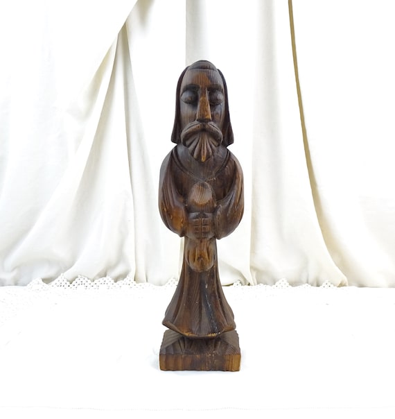 French Vintage 1960s Carved Wooden Sculpture of Old Wise Man, Retro Sculpture made of Wood from France, Medieval Style Druid Art Piece