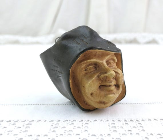 Vintage Plaster Monk Head Match Holder, Hand Painted Chalkware Friar Wall Pocket, Rustic Folk Art Decorative Wall Hanging