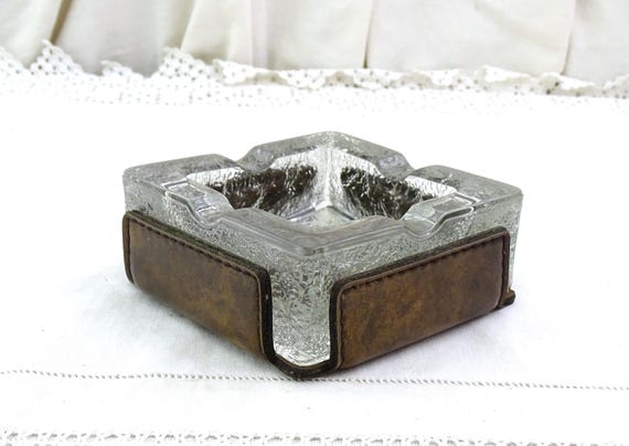 Large Vintage Mid Century Chunky Square Glass Ashtray with Brown Imitation Leather Cover, Retro 1960s 1970s Smoking Accessory from France