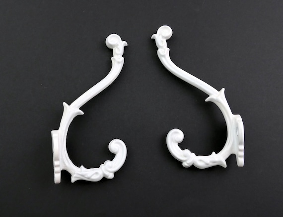 New Old Stock 2 Vintage French White Enameled Metal Ornate Clothes Hook, Retro Shabby Country Clothes Fixture, Old Style Bathroom Towel Hook
