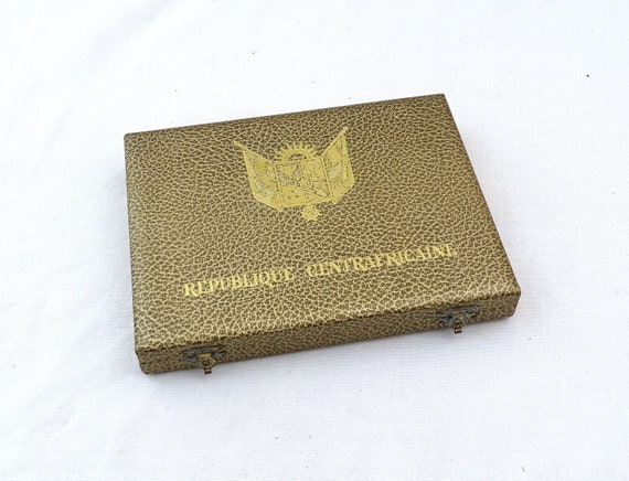 Empty Vintage Rectangular Case Once Contained 5 Celebratory Coins from Central African Republic, Retro Collectible Numismatic Africa Box