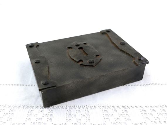 Vintage Forged Iron Lock Box, Brutalist Metal Strongbox, Medieval Style Riveted Storage Chest, Rustic Industrial Casket with Antique Keyhole