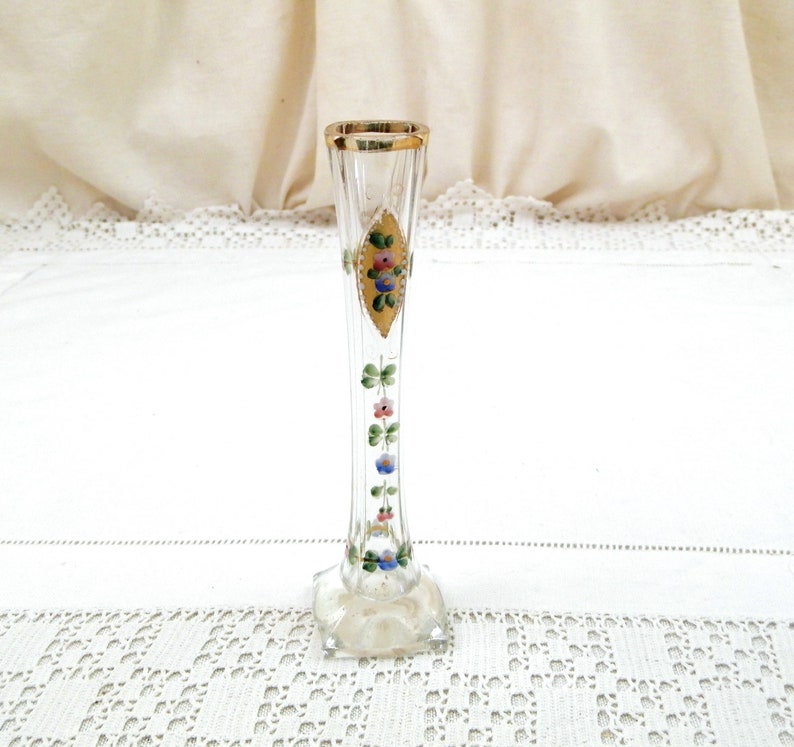 Antique French Tall Slim Hand Painted Clear Glass Posy Vase Etsy