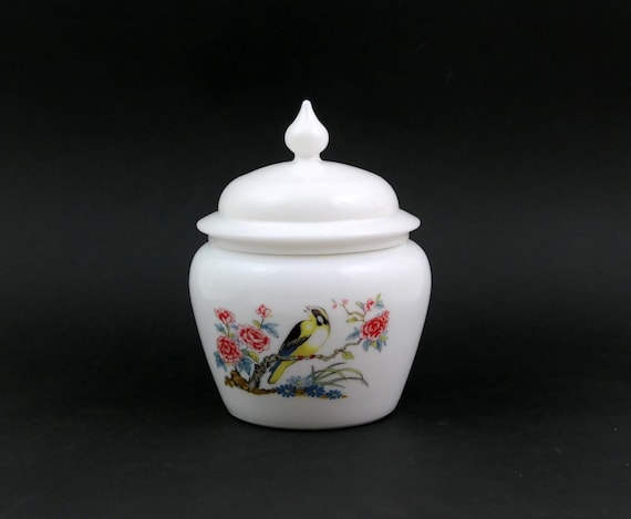 Vintage Avon Milk Glass Covered Apothecary Style Jar, White Lidded Vanity Jar, Bird and Peony Design, Collectible Decorative Trinket Box