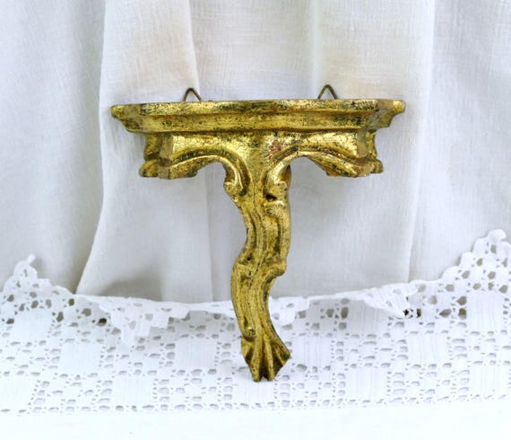 Small Italian Florentine Style Wall Bracket Shelf in Gold Leaf for Statue, Little Retro Gold Plaster Wood Ornate Wall Hanging Plinth Italy