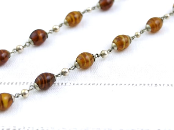 Vintage Silver Tone Chain and Czech Amber Swirl Glass Bead Necklace, Retro Woman Dainty Chained Beaded Jewelry Europe, Minimalist Elegance