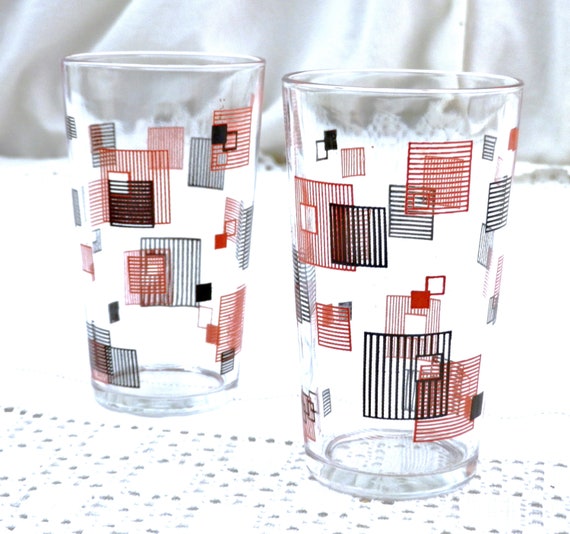 French Vintage Mid Century Clear Glass Drinking Tumblers with Geometric Graphics in Red and Black, Retro 1960s Glasses from France